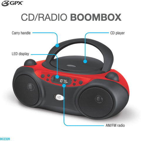 Portable Top-Loading CD Boombox With AM/FM Radio And 3.5mm Line In For MP3 Players, red and black, built-in stereo speakers