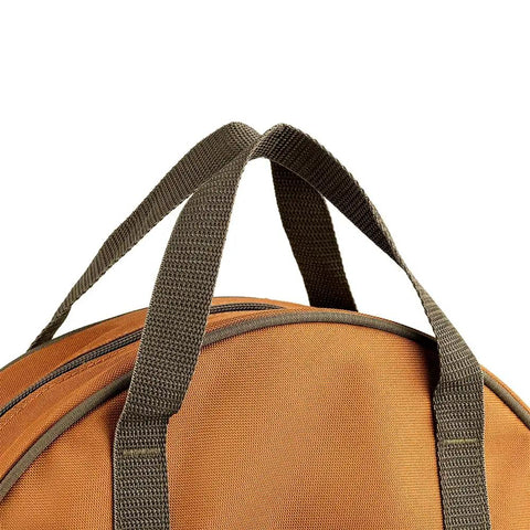 Close-up of brown Cable Bag For Trucks And Rigs with web carry handles on fully zippered main compartment
