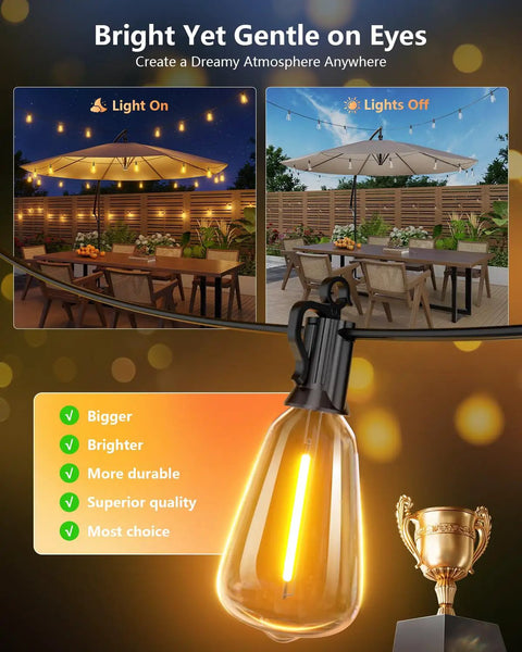 100 Feet Solar String Lights For Outdoor Use Waterproof With Remote Dimmable And Timable Three Lighting Modes 31 And 2 Shatterproof LEDs on patio.