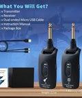 2.4GHz Wireless Guitar System With Plug And Play Rechargeable Transmitter And Receiver For Guitar Bass And Electric Instruments, Over 30m Range, 100 Feet, 270 Degree Rotatable, 4 Hours Battery Life, A9 Black with included accessories