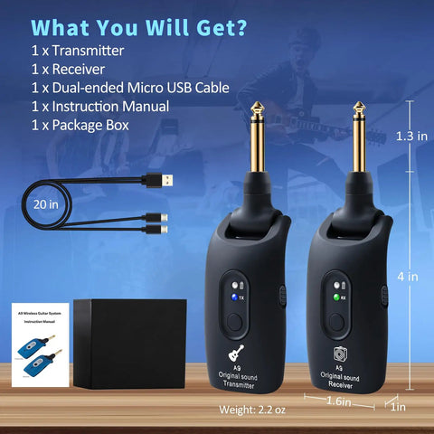 2.4GHz Wireless Guitar System With Plug And Play Rechargeable Transmitter And Receiver For Guitar Bass And Electric Instruments, Over 30m Range, 100 Feet, 270 Degree Rotatable, 4 Hours Battery Life, A9 Black with included accessories