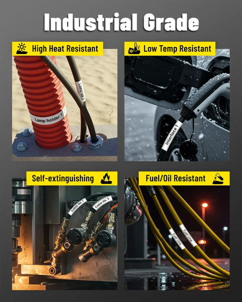 Heavy Duty White Heat Shrink Tube Labels For Cable Wiring 12mm on industrial cables, showcasing high heat, low temp, and fuel resistance.