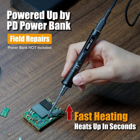 Upgraded TS80P Portable Soldering Iron Station Kit With OLED Display in use for field repairs on a circuit board
