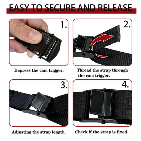 Instruction guide showing steps to secure Beefy Heavy Duty Lashing Straps With Buckles 4 Pack 1 Inch By 5 Feet Cargo Tie Down Straps