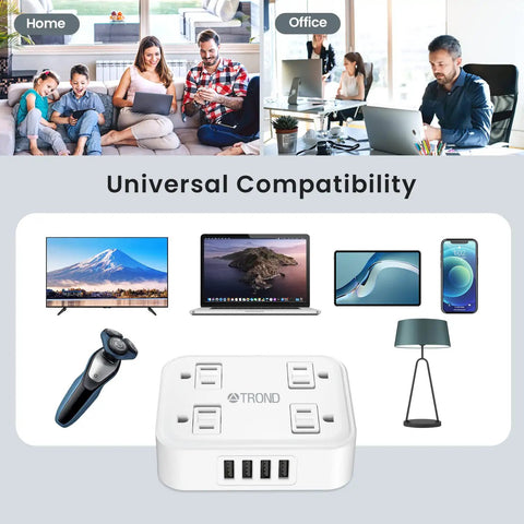 Image of 2 Prong To 3 Prong Power Strip Converter With 4 Outlets And 4 USB Ports, illustrating compatibility with devices at home and office.