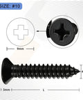 Hella Durable Number 10 X 1 Inch Flat Head Sheet Metal And Wood Screws, Black Stainless Steel 18 8 Corrosion Resistant Self Tapping Fasteners, close-up of screw details.