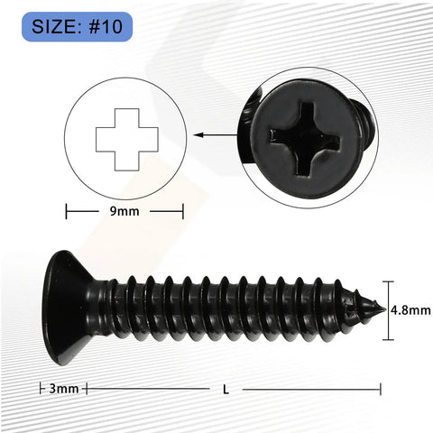 Hella Durable Number 10 X 1 Inch Flat Head Sheet Metal And Wood Screws, Black Stainless Steel 18 8 Corrosion Resistant Self Tapping Fasteners, close-up of screw details.