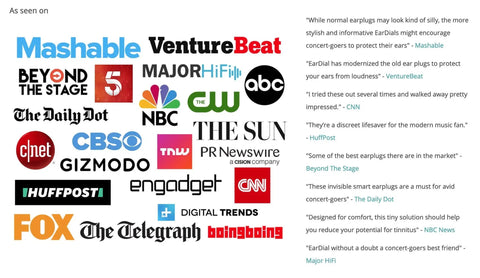 Collage of media logos featuring reviews of HiFi Earplugs For Concerts And Festivals That Hide In Your Ears While Delivering High Fidelity Noise Reduction