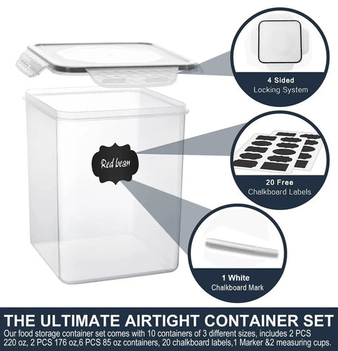 Large Tall Airtight Food Storage Set, 10 Pack Plastic Canisters For Your Kitchen And Pantry Organization, highlighted with labels