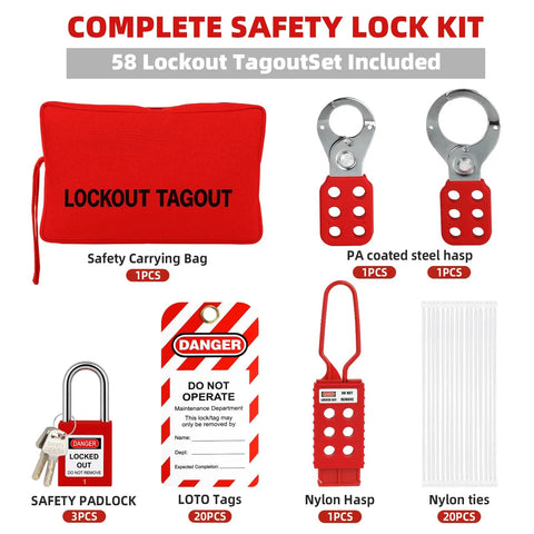 All In One Lockout Tagout Kit With Electrical LOTO Hasps Warning Tags Numbered Safety Padlocks Nylon Ties Zip Ties And Heavy Duty Storage Bag