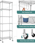 6 Tier Wire Shelving Unit With Caster Wheels And Stainless Side Hooks Adjustable Free Standing Storage Rack for office