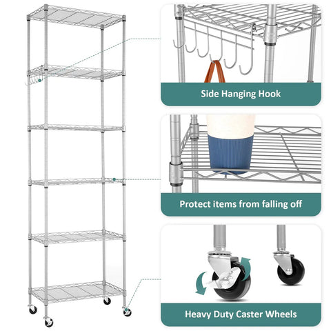 Premium Heavy Lifter 2 Pack 6 Tier Wire Shelving Units With Easy Roll Casters And Rust Free Hooks For No Sweat Home And Garage Organization Flexible Rack Setup