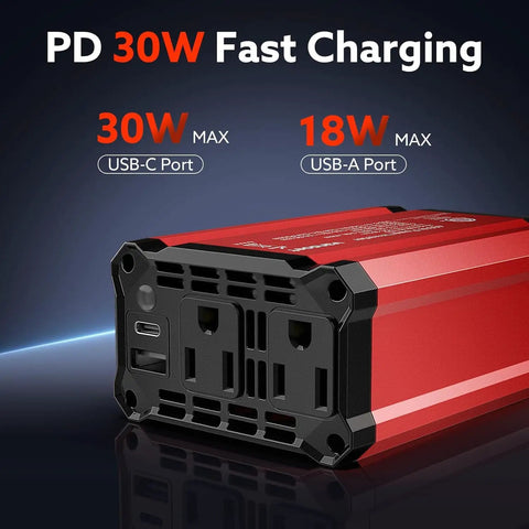 400W Power Inverter Dc 12V To Ac 110V Converter with dual AC outlets and USB ports for fast charging capabilities.