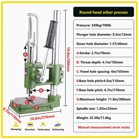 Built Like A Tank Heavy Duty Manual Arbor Press 700 Lbs Capacity dimensions and specifications for benchtop stamping tasks.