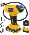 On The Go Tire Inflator With Auto Shut Off And 160 PSI, Dual Power Modes From Battery Or Car Lighter, yellow device display
