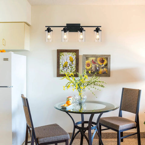 Dope Four Light Matte Black Vanity Lights Over Mirror Farmhouse Style Wall Sconces With Clear Glass Shades in dining room