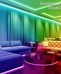 Ultra Long 32.8ft RGB Led Strip Lights Kit decorating a living room with vibrant color-changing lights on walls and ceiling.