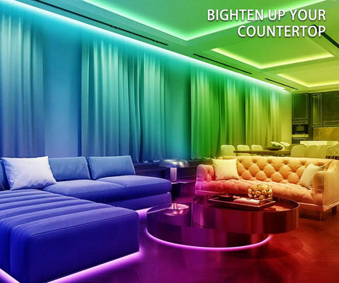 Ultra Long 32.8ft RGB Led Strip Lights Kit decorating a living room with vibrant color-changing lights on walls and ceiling.