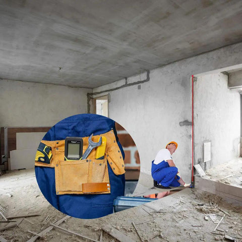 Construction worker using a Laser Distance Measure 330 Ft With Li Ion Battery And Electric Angle Sensor Backlit LCD High Accuracy Meter.