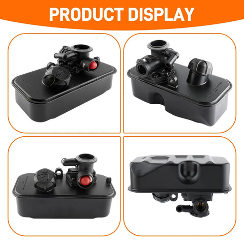 Top Shelf Yard Warrior Kit Featuring Fuel Tank Intake Manifold And 795477 Carburetor Kit With Air Filter display with black fuel tank and manifold.