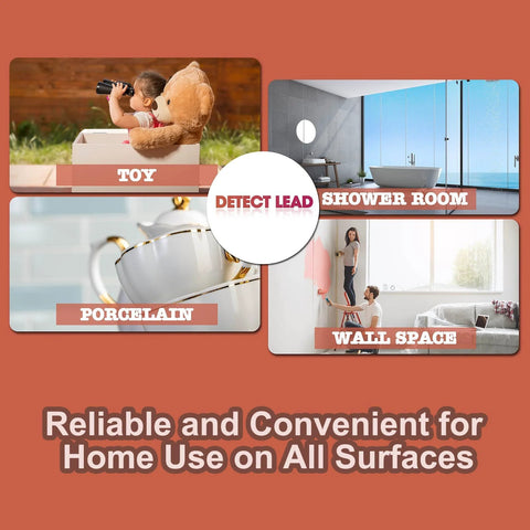 AssuTest Lead Test Kit: collage showing four surfaces (porcelain, toys, shower room, wall space) for lead testing.