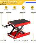 Heavy Duty 1100 Lb Motorcycle Lift Jack With Adjustable Height From 3.25 To 13.25 Inches Scissor Steel Stand for bike maintenance.