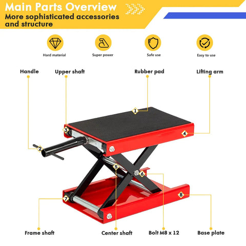 Heavy Duty 1100 Lb Motorcycle Lift Jack With Adjustable Height From 3.25 To 13.25 Inches Scissor Steel Stand for bike maintenance.