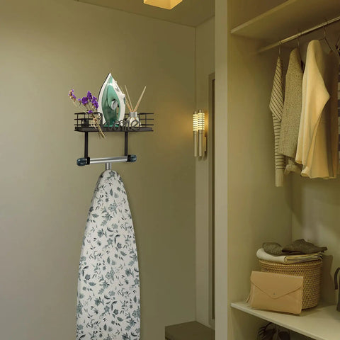 Wall Mount Ironing Board Hanger And Laundry Room Organizer With Large Dark Gray Wooden Base Basket And Removable Hooks Space Saving Storage For Iron Steamer Spray Bottles And Accessories