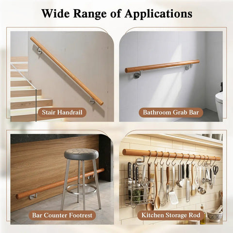 Heavy Duty Beech Wood Stair Handrail 100 Cm Super Grippy Round Safety Grab Bar for kitchen and bathroom applications.