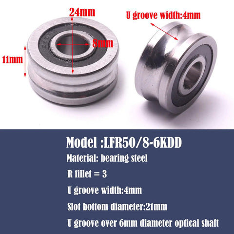 Premium U Groove Ball Track Guide Bearing Double Row Angular Contact Roller Sealed High Precision LFR5086 8X24X11MM on white background.