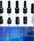 Solid As A Rock Half Inch Drive EV Hybrid Socket Kit For Tesla And Mainstream Electric Cars With Battery Disassembly Tools AC Compressor Wrenches Pro Chrome Gear Ready To Roll, showing various hex sockets.