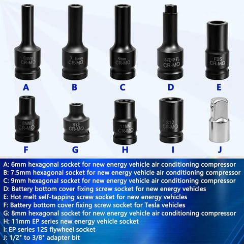 Solid As A Rock Half Inch Drive EV Hybrid Socket Kit For Tesla And Mainstream Electric Cars With Battery Disassembly Tools AC Compressor Wrenches Pro Chrome Gear Ready To Roll, showing various hex sockets.