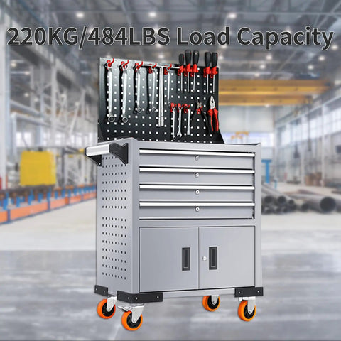 Heavy Duty Rolling Tool Cart With Lockable Cabinet And Three Drawers 440 Lbs Capacity On Wheels Built From Cold Rolled Steel Garage Workshop Tool Chest Organizer For Home, Shop, And Warehouse, 220KG load capacity