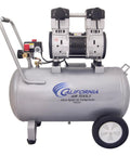 Hella Quiet Two Point Zero Horsepower Oil Free Air Compressor Equipped With Heavy Duty Roll Bar Wheels And Massive Fifteen Gallon Pressurized Tank, side view.