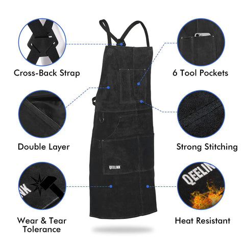 Diagram showing features of Heavy Duty Leather Welding Apron With Six Pockets For Pro Welders, Heat Resistant, flame retardant, black.