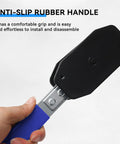 Brake Caliper Compression Tool With 360 Rotating Ratchet Piston Spreader in use showing anti-slip rubber handle and metal parts
