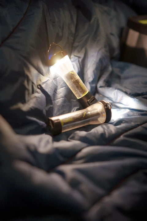 Lighthouse Micro Flash Lantern USB Rechargeable Handheld Light for Emergency Outdoor Use shining on a sleeping bag