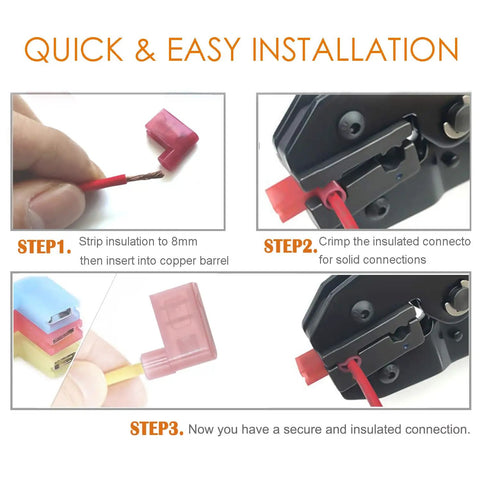 Installation steps for the 100Pcs Nylon Flag Spade Female Insulated Terminals Kit 24 10 Gauge Quick Disconnects for auto wiring.