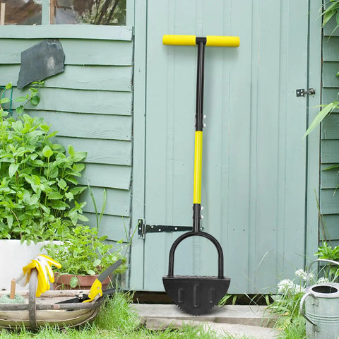 Heavy Duty Steel Workhorse Half Moon Edge Tool With Saw Tooth Blade resting against garden shed