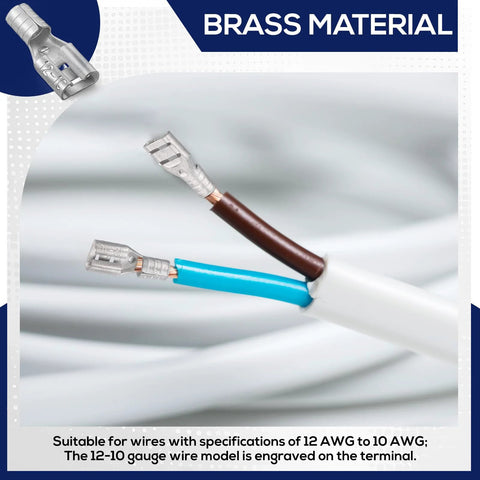 Close-up of High Temperature Female Non Insulated Spade Connectors Pro Grade 100 Pack for 12 to 10 Gauge Quick Disconnect One Quarter Inch Female Tab Wire Splice Connectors for Strong Crimps in Electrical Terminals.