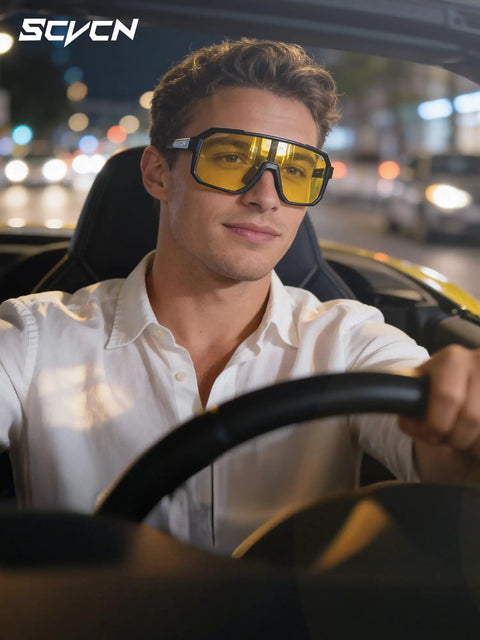 Man wearing Night Vision Driving Glasses With Polarized Yellow Lenses Anti Glare For Safe Driving And Night Riding Cycling