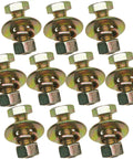 Half Inch By One And A Half Inch Grade 8 Hex Head Bolt And Nut Kit With Spring Lock Washer And Large Flat Washer Set In Galvanized Alloy Steel Heavy Duty Ten Sets Pack For Tough Jobs, 10 bolts and washers
