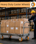 Heavy Duty 6 Inch Caster Wheels Replacement Kit Featuring Smooth Rolling Swivel Action used on a cart moving boxes in a warehouse.