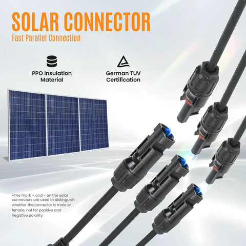 Beefy Heavy Duty Solar Y Branch Splitter 3 Way Parallel Connector with cables and solar panels, CE TUV certified.