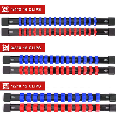 Portable ABS Socket Clip Rail Organizer For One Quarter Inch, Three Eighths Inch, And One Half Inch Drive Sockets, Six Piece Set