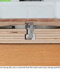 Track Clamp Bit shows precision channel cut for track saw clamps, part of the Top Shelf T Slot Router Bit Set With Half Inch Shank Crafted For Sharp Track Saw Clamp Grooves And Standard Insert Fasteners Featuring Supercarbide Tips That Nail Your Layouts Every Time For Hassle Free Workshop Results All Year Round.