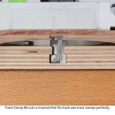 Track Clamp Bit shows precision channel cut for track saw clamps, part of the Top Shelf T Slot Router Bit Set With Half Inch Shank Crafted For Sharp Track Saw Clamp Grooves And Standard Insert Fasteners Featuring Supercarbide Tips That Nail Your Layouts Every Time For Hassle Free Workshop Results All Year Round.