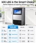 Heavy Duty Commercial Ice Maker Cranks Out 100 Lbs Crystal Clear Ice Daily, under-counter stainless steel design with ice output details
