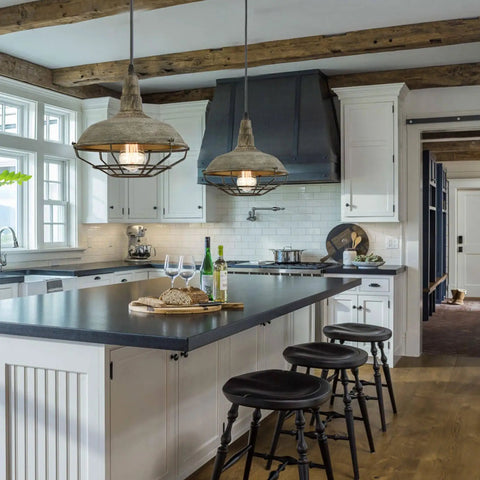 Farmhouse Barn Pendant Light With Dimmable Hanging Ceiling Fixture Industrial Cage Shade In Stained Charcoal Mold Finish in kitchen