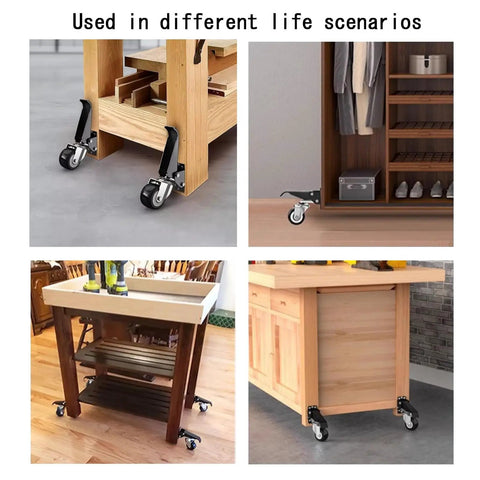 Heavy Duty Retractable Workbench Caster Kit Set Of Four With Hella Sturdy Side Mounting Brackets and Rock Solid 300 Kilogram Capacity used in various setups.